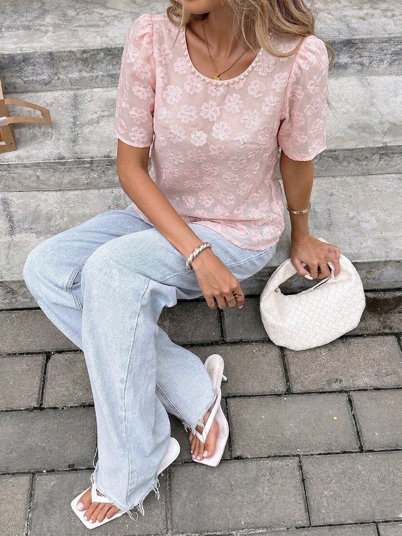 Pink Floral Jacquard Puff Sleeve Blouse Pearl Neck Top