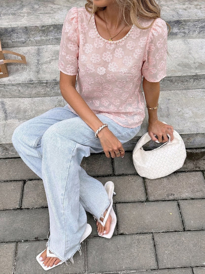 Pink Floral Jacquard Puff Sleeve Blouse Pearl Neck Top