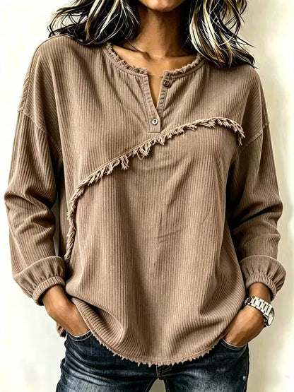 Oversized Corduroy Henley Frayed Hem Long Sleeve Top