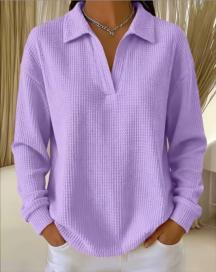 Waffle Knit Collared V Neck Long Sleeve Oversized Tunic Top