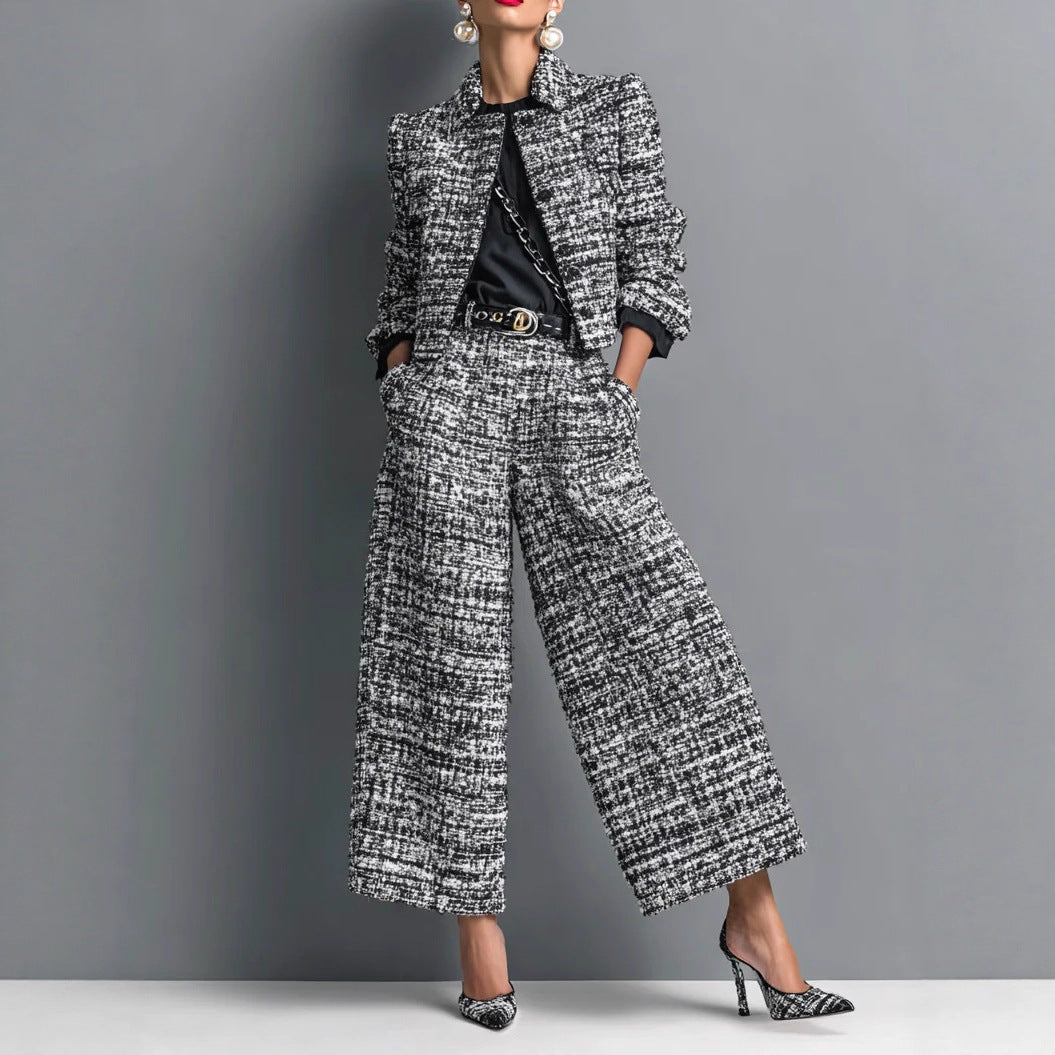 Women's Tweed Cropped Blazer Wide Leg Pants Set