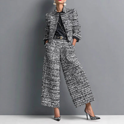 Women's Tweed Cropped Blazer Wide Leg Pants Set