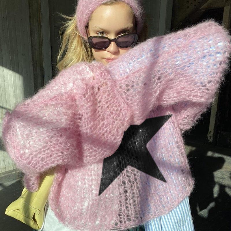 Y2K Mohair Star Sweater Oversized Fuzzy Crewneck Women