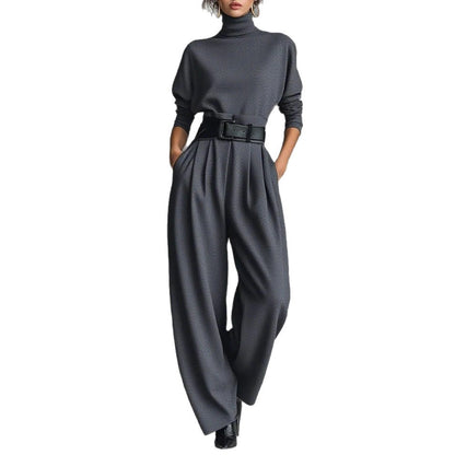 Women's Two Piece Set Turtleneck Wide Leg Pants with Belt