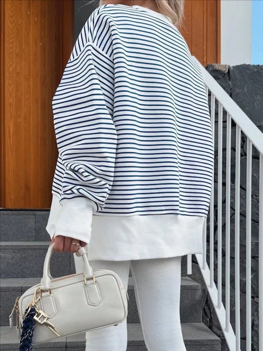 Oversized Striped Crewneck Sweatshirt Thumb Hole Side Slit