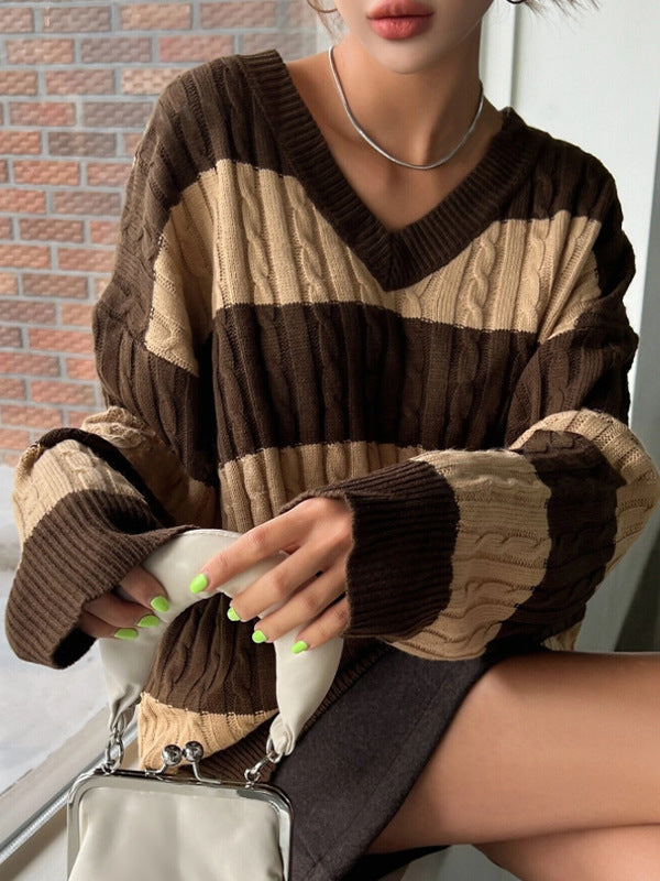 Oversized V-Neck Cable Knit Striped Pullover Sweater