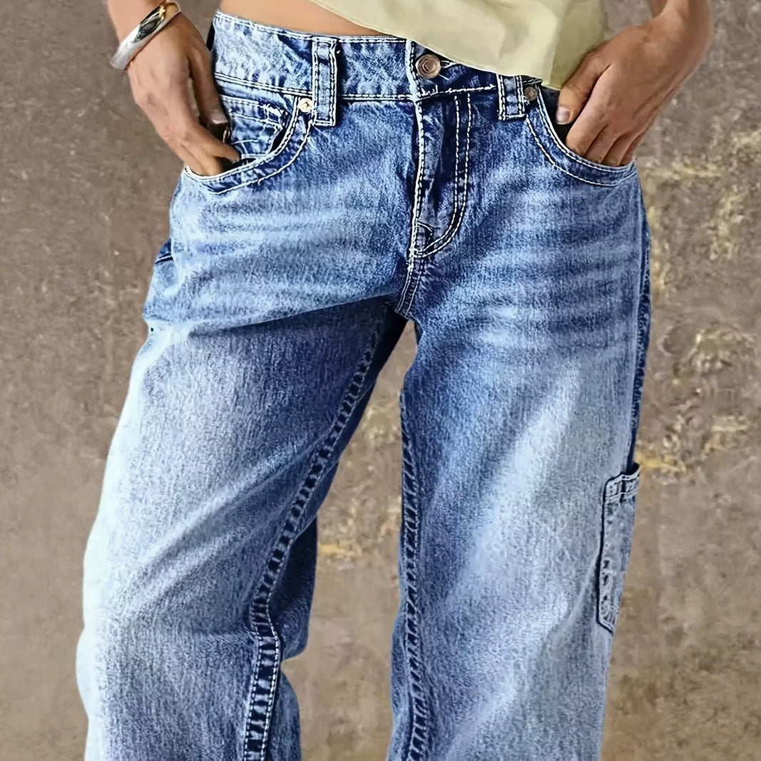 Washed Denim Cargo Wide Leg Jeans High Waist Vintage
