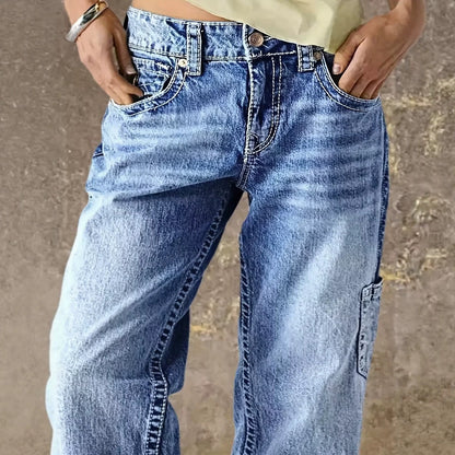 Washed Denim Cargo Wide Leg Jeans High Waist Vintage