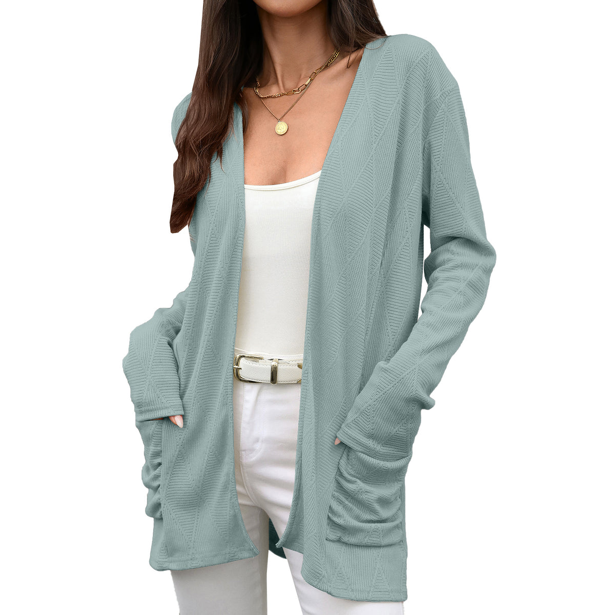 Women's Open Front Knit Cardigan Long Sleeve Pockets Loose