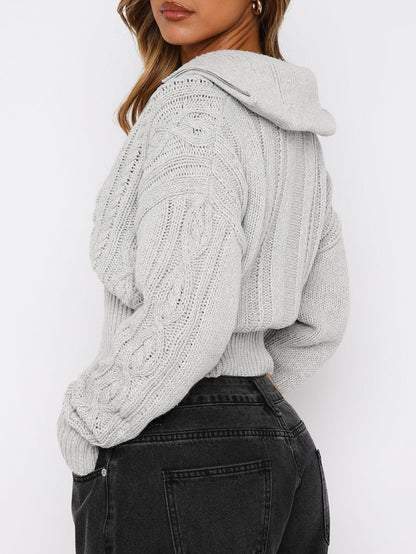 Women’s Solid Knit Zipper Hoodie Long Sleeve Cropped Sweater