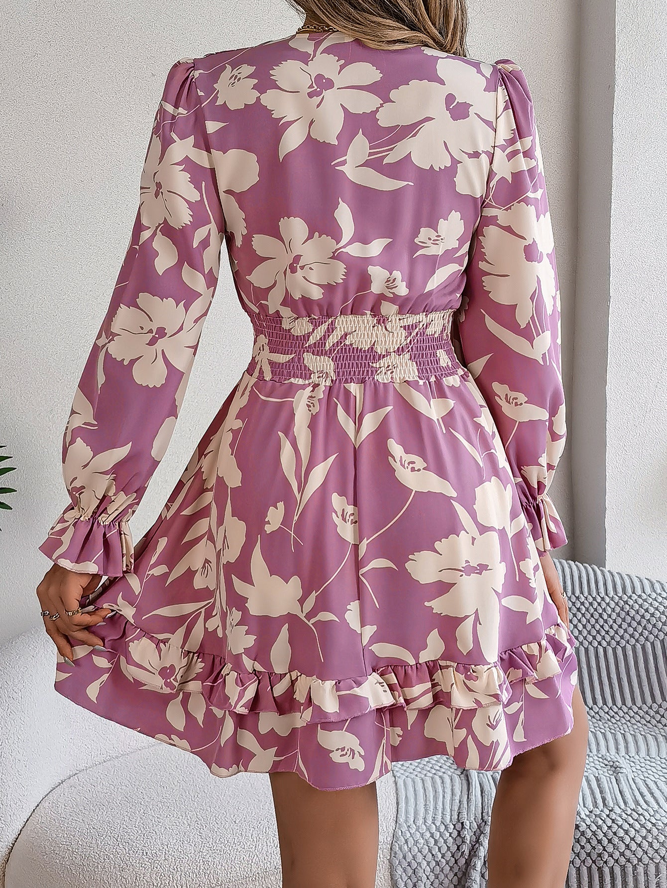 Floral V Neck Long Sleeve Ruffle Mini Dress