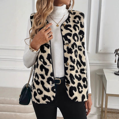 Women's Fuzzy Leopard Print Button Front Vest