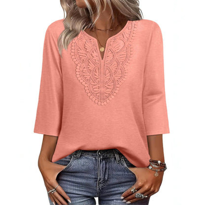Women's V-Neck Lace Trim Loose Casual Blouse