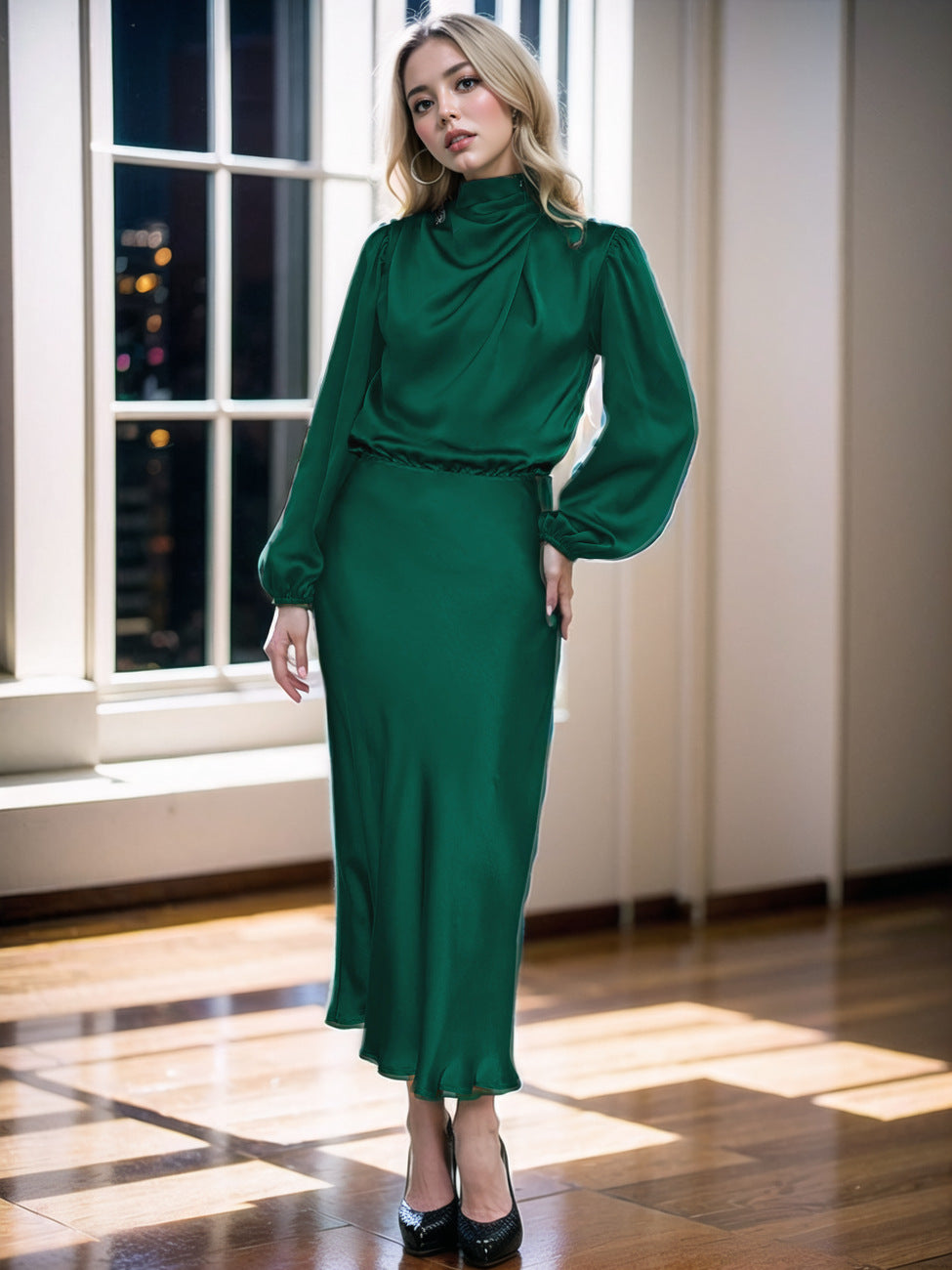 Elegant Satin Mock Neck Long Sleeve Midi Dress