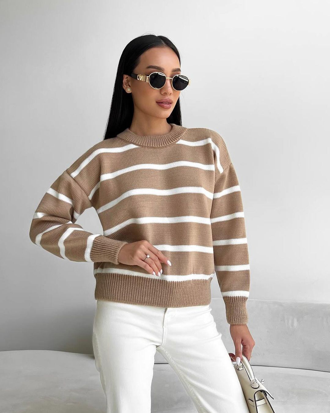 Women's Oversized Striped Crew Neck Pullover Sweater