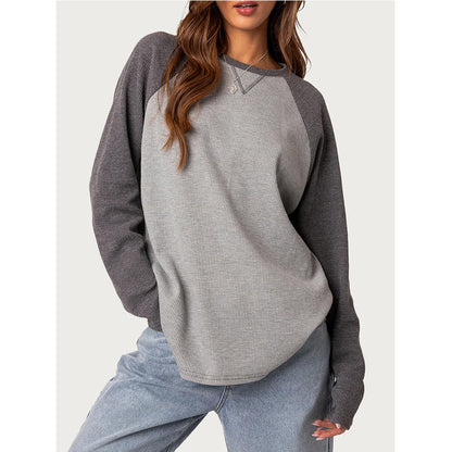 Color Block Waffle Knit Top Crew Neck Long Sleeve Tee