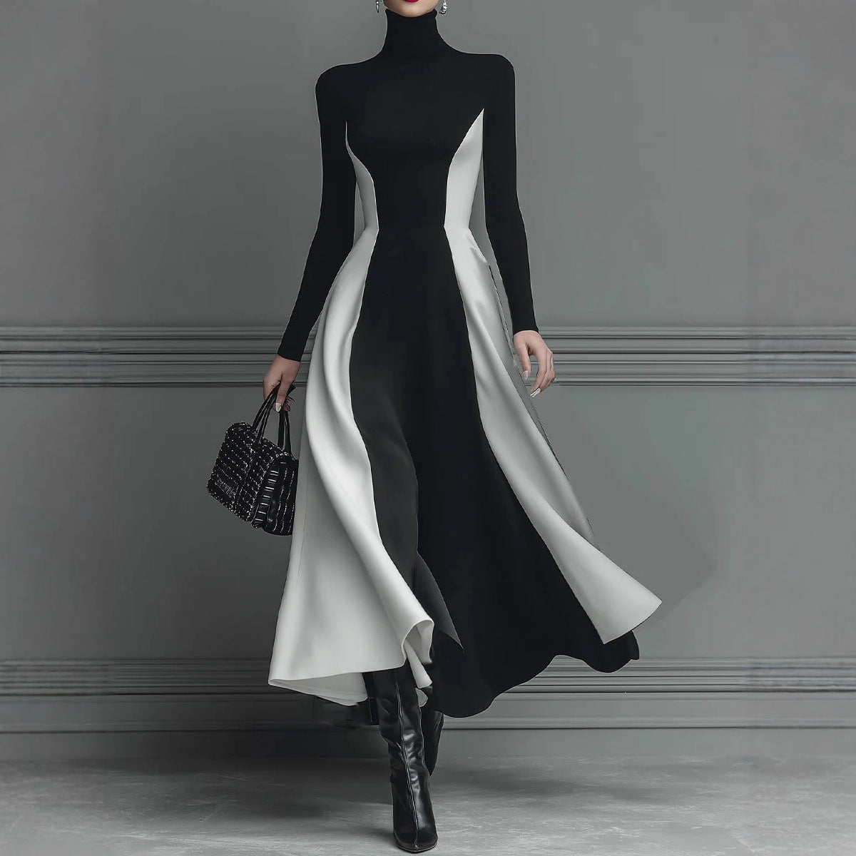 Color Block Turtleneck Long Sleeve Knit Maxi Dress