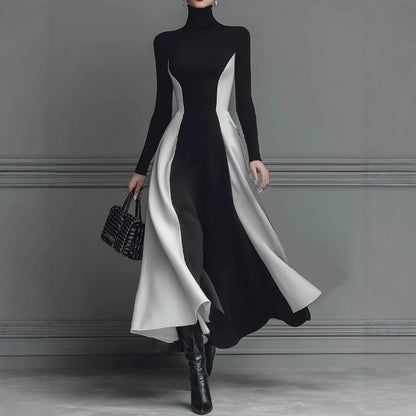 Color Block Turtleneck Long Sleeve Knit Maxi Dress