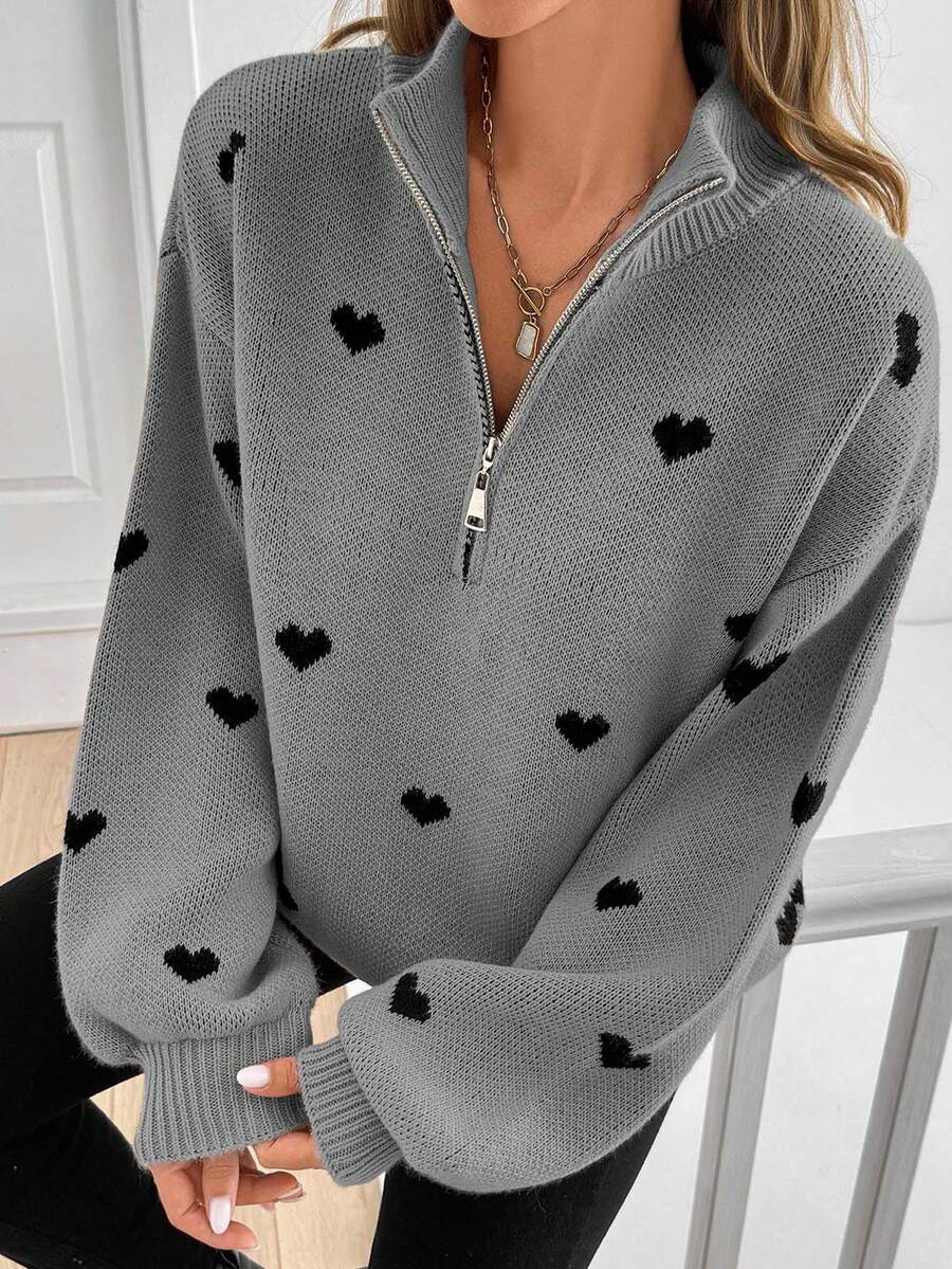 Women’s Heart Print Half Zip Wool Knit Sweater