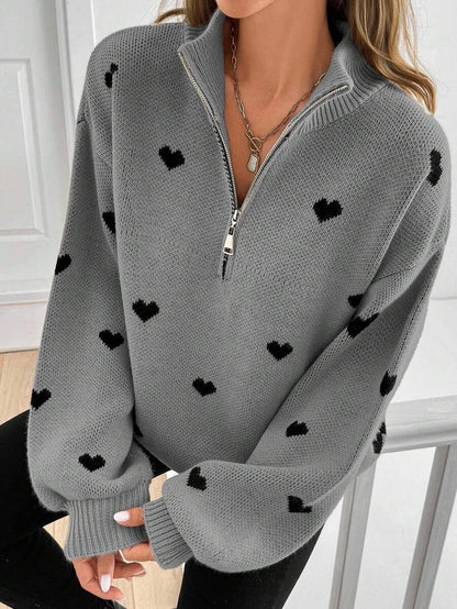 Women’s Heart Print Half Zip Wool Knit Sweater