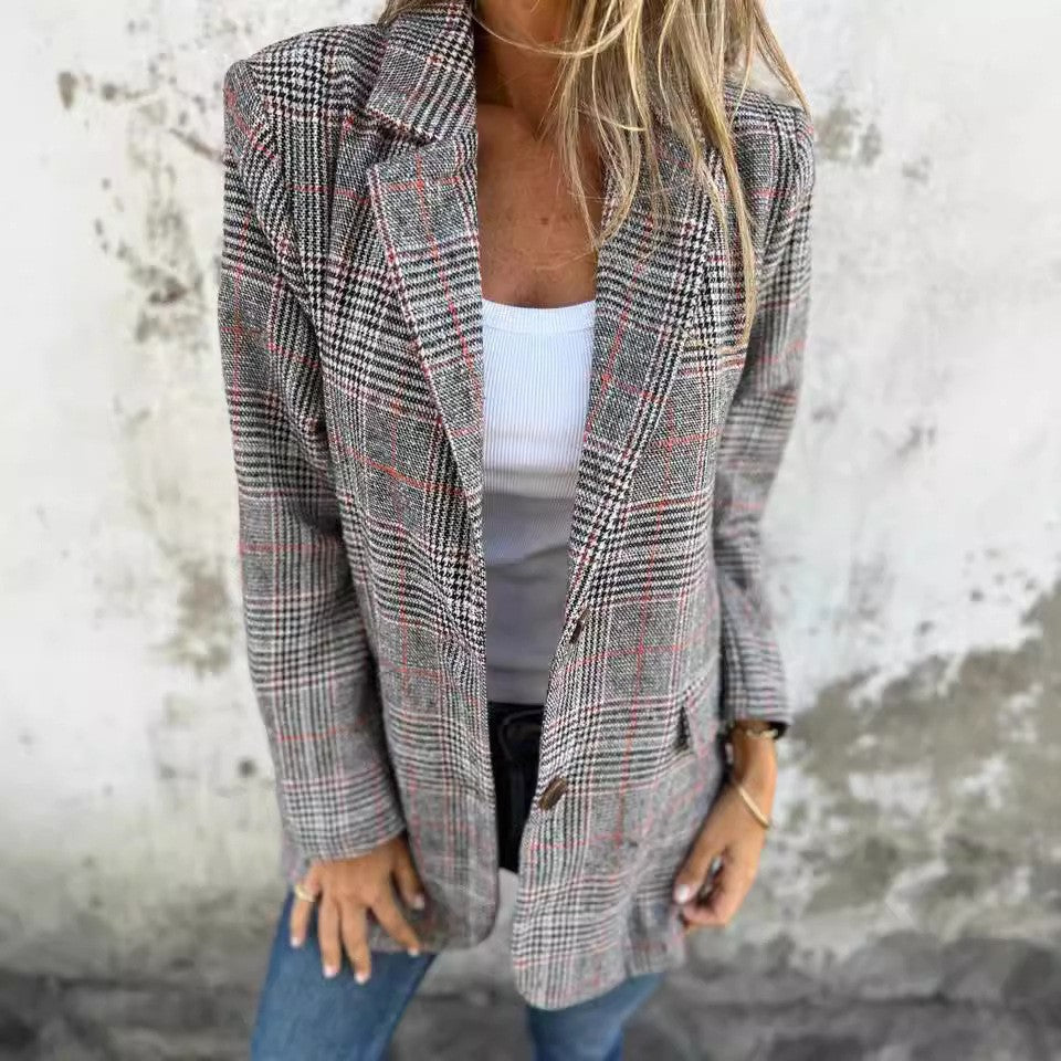 Women's Houndstooth Blazer Jacket Plaid Casual Outerwear