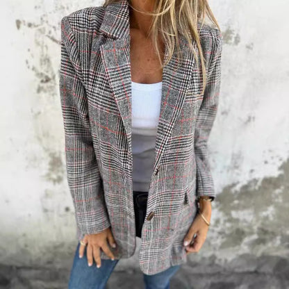 Women's Houndstooth Blazer Jacket Plaid Casual Outerwear