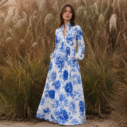 Vintage Floral Maxi Dress Lantern Sleeve Button Down Boho
