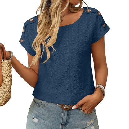 Hollow Out Button Short Sleeve Tee