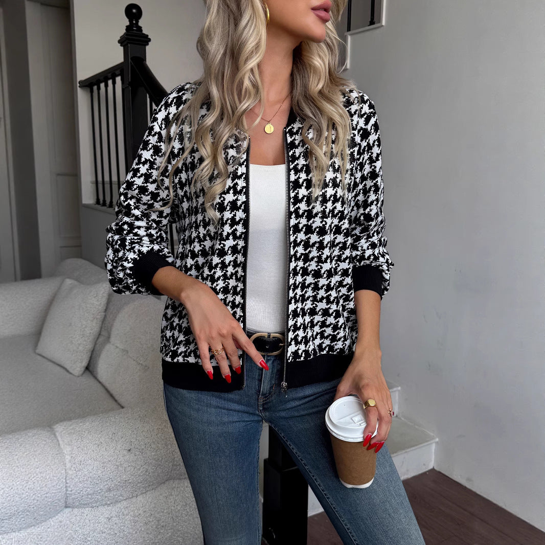 Houndstooth Knit Jacket Zip-Up Long Sleeve Casual Outerwear