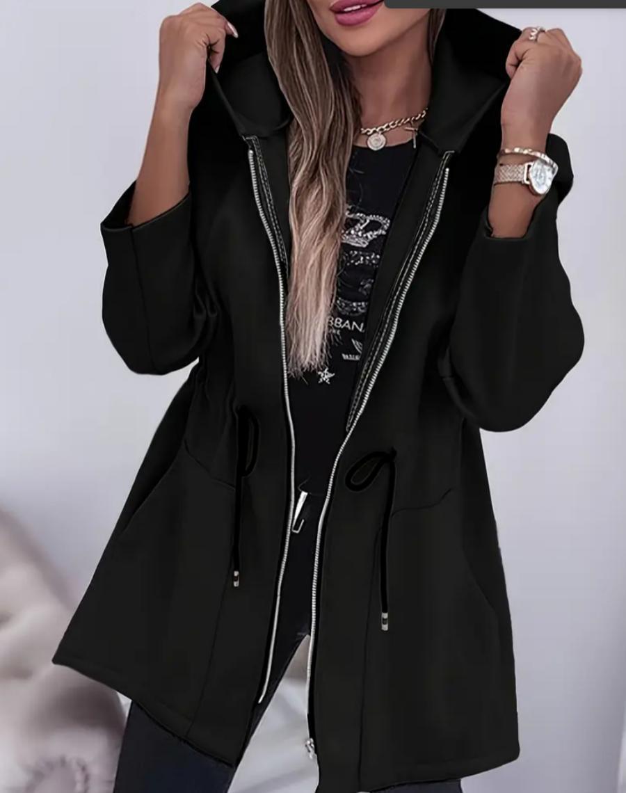 Women's Hooded Drawstring Waist Zip-Up Mid Length Jacket
