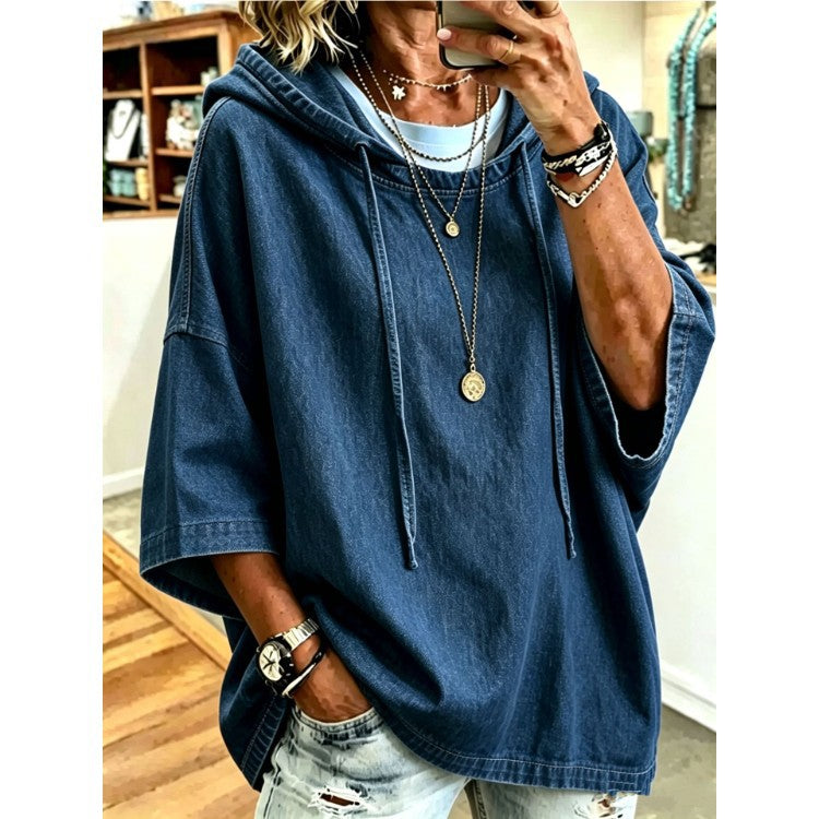 Women's Oversized Denim Hoodie Batwing Sleeve Top