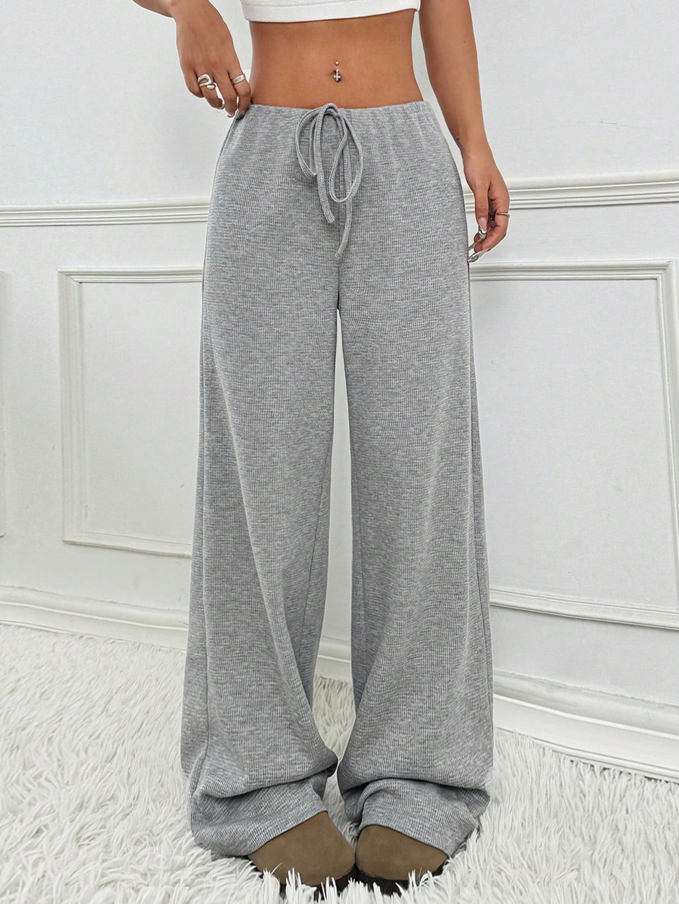 Women's Striped Drawstring Baggy Wide Leg Pants