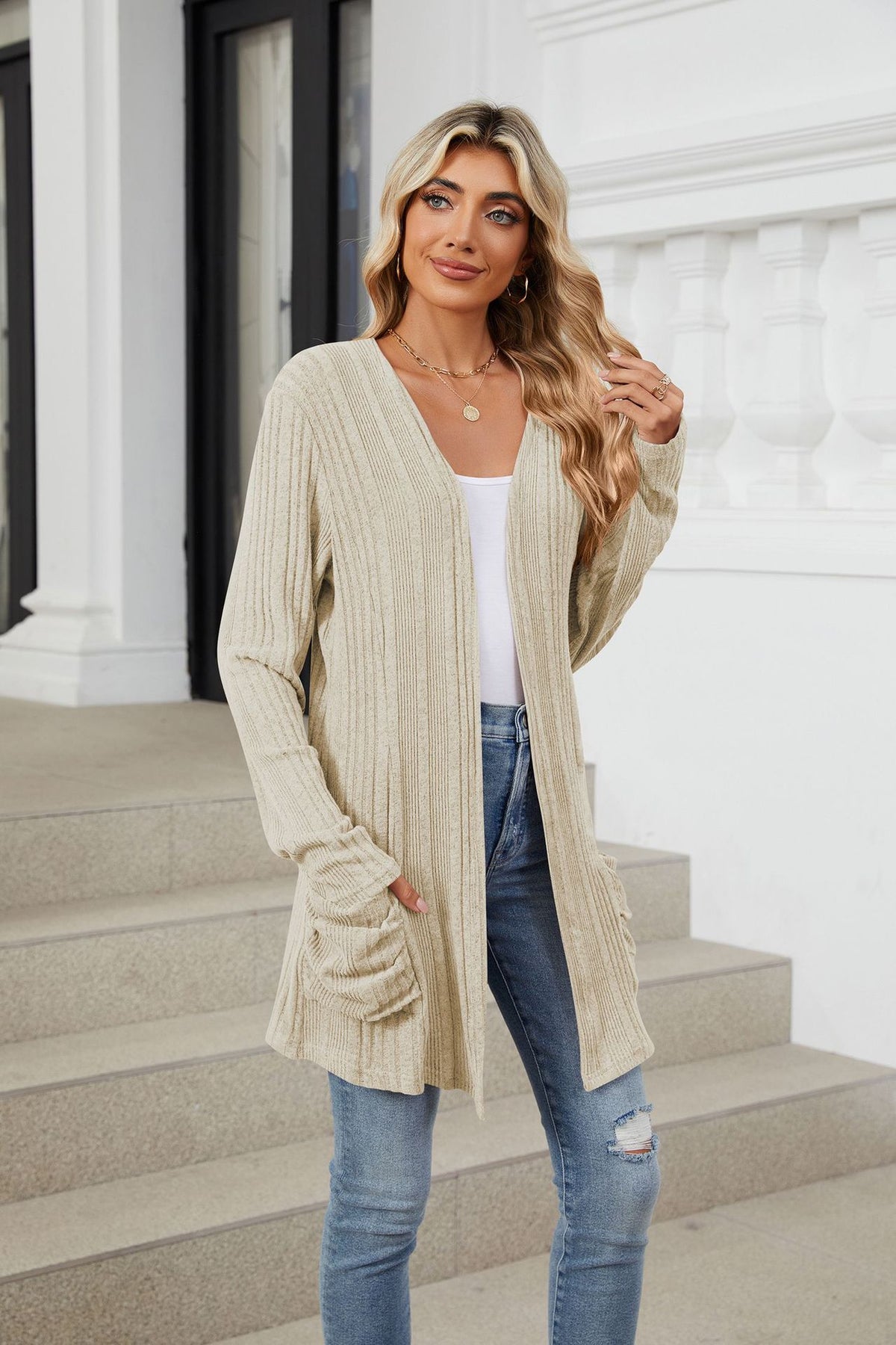 Women's Long Sleeve Ribbed Open Front Cardigan Pockets