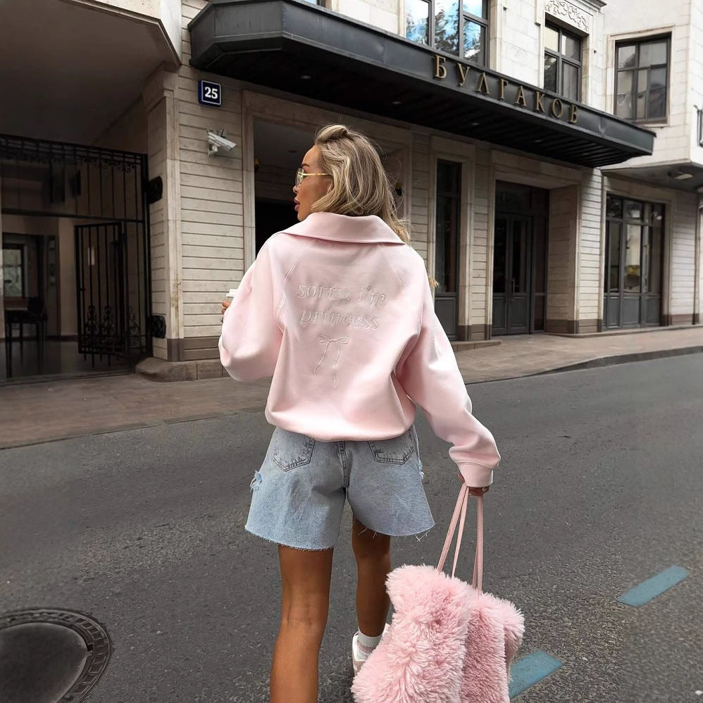 Women's Oversized Embroidered Quarter Zip Sweatshirt Bow