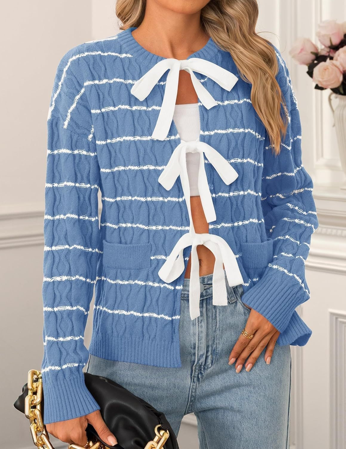 Women's Striped Bow Tie Front Cardigan Sweater