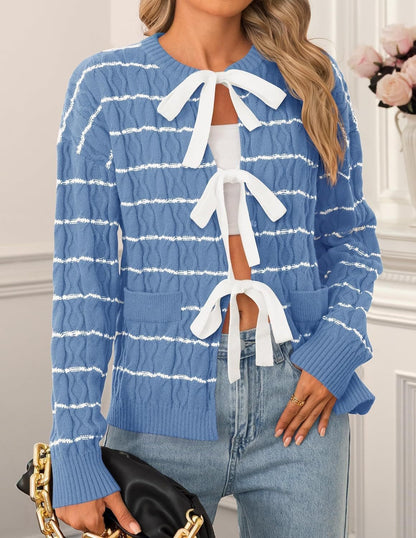 Women's Striped Bow Tie Front Cardigan Sweater