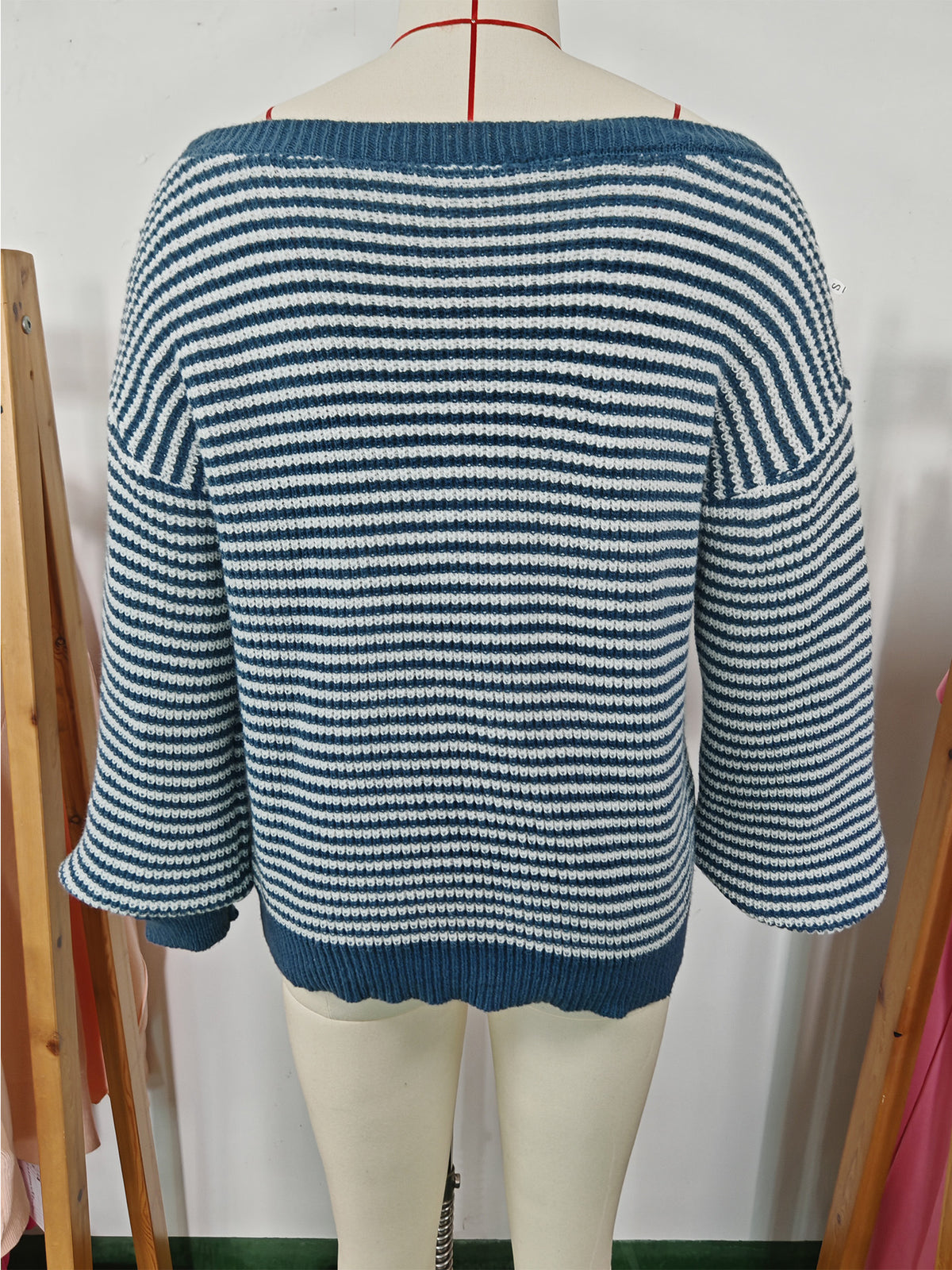 Women's Off Shoulder Striped Balloon Sleeve Sweater