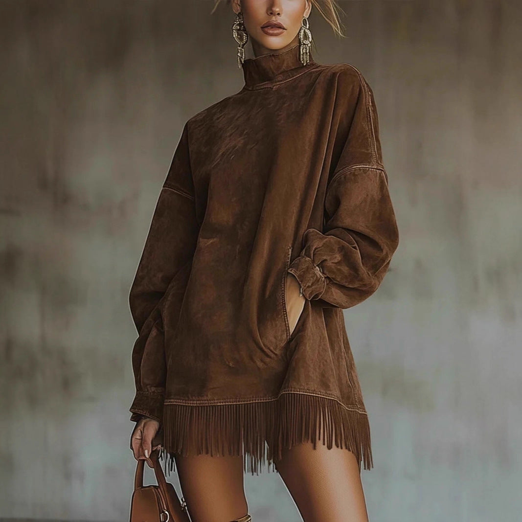 Faux Suede Fringe Dress Mock Neck Long Sleeve Pockets