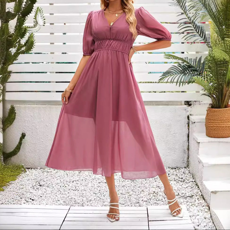 Women's Puff Sleeve V-Neck Smocked Waist Maxi Dress