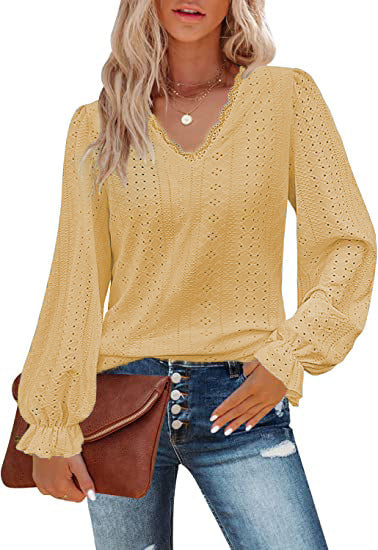 Women's Eyelet V-Neck Puff Sleeve Lace Blouse