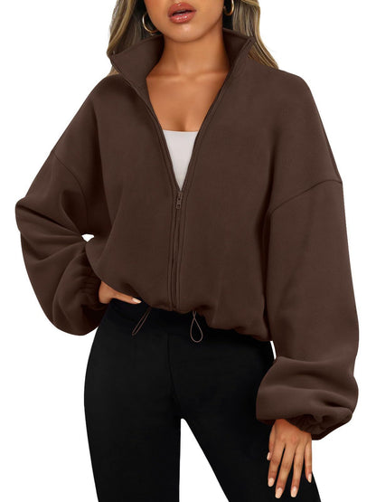 Women's Oversized Stand Collar Zip Up Fleece Jacket