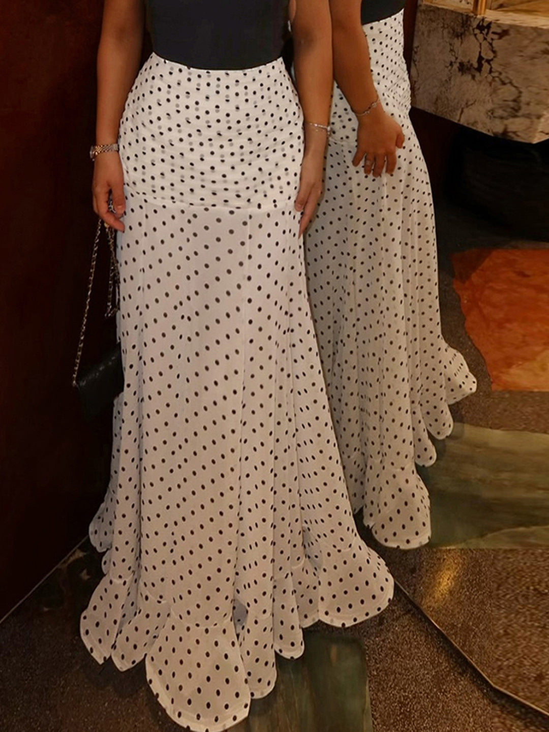 Women's Polka Dot High Waist Chiffon Maxi Skirt Ruffle Hem