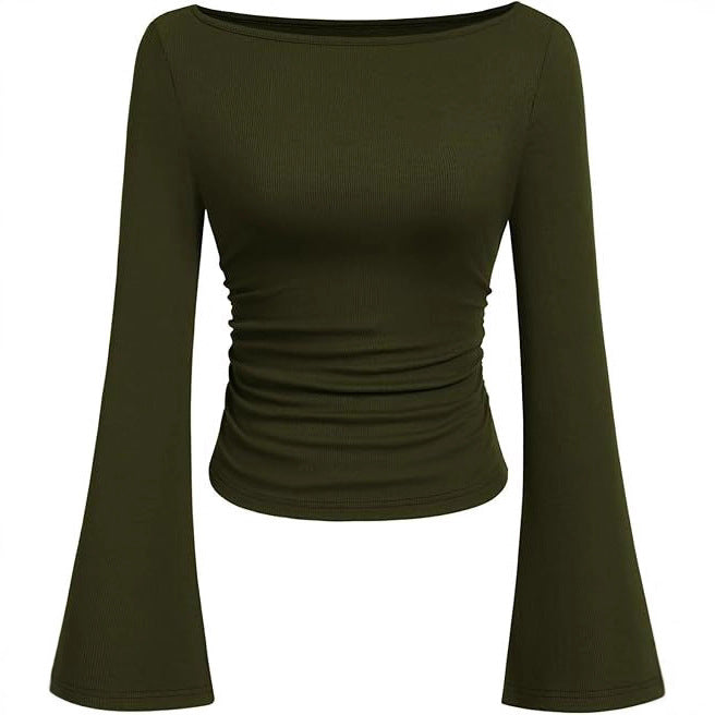 Women's Ruched Boat Neck Bell Sleeve Ribbed Top