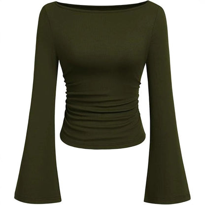 Women's Ruched Boat Neck Bell Sleeve Ribbed Top