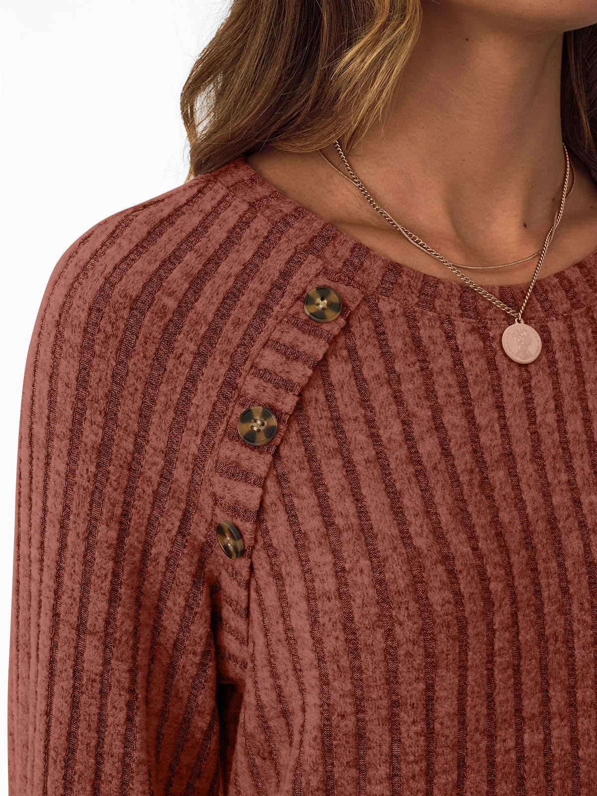 Ribbed Knit Crewneck Sweatshirt with Button Detail