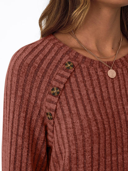 Ribbed Knit Crewneck Sweatshirt with Button Detail