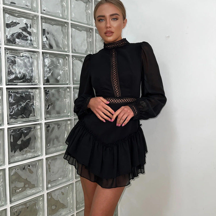 Black Chiffon Cutout Mini Dress Mock Neck Long Sleeve