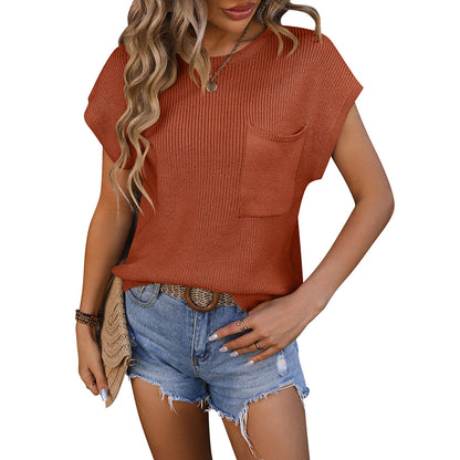 Women Crew Neck Short Sleeve Knit Top with Pocket