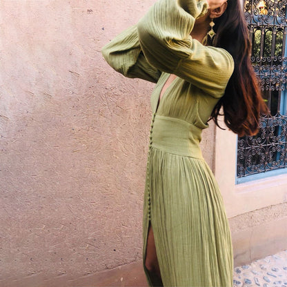 V-Neck Lantern Sleeve Maxi Dress Smocked Waist Slit