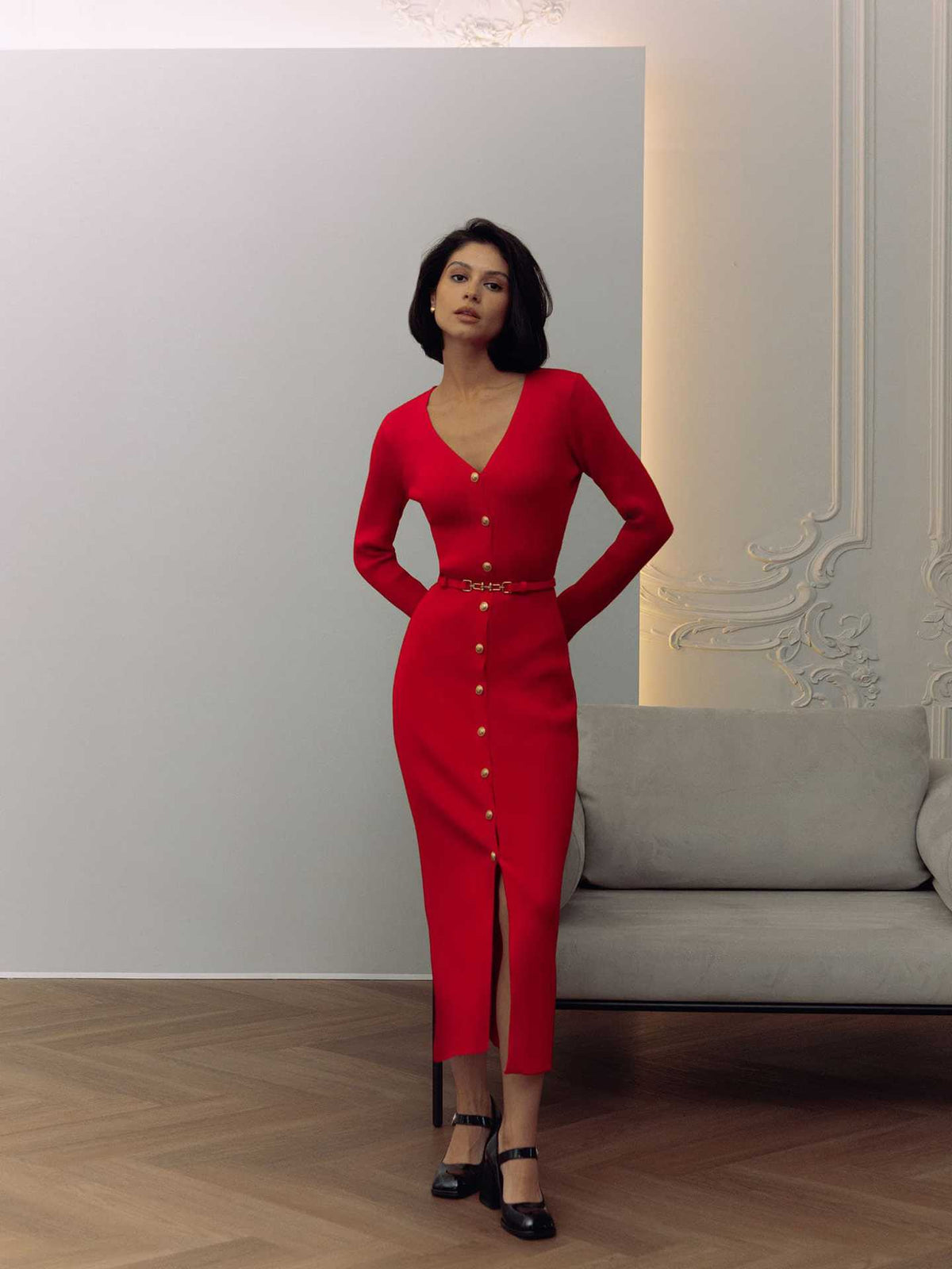 V Neck Ribbed Button Front Sweater Dress Long Sleeve Midi